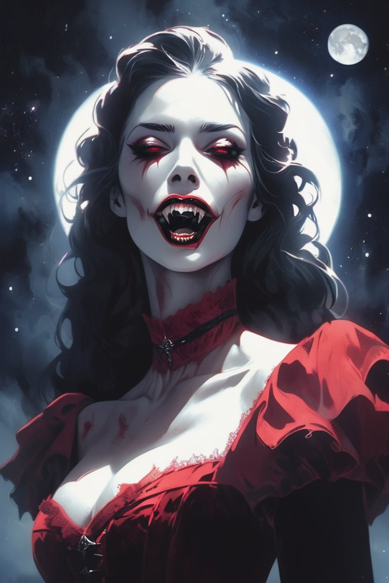 illustration of a pale woman covered in a victorian red dress, bloody lips, {vampire}, fangs, starry night. hazy, dark fantasy background , high contrast, cinematic, bright tones,portraitart,portrait art style