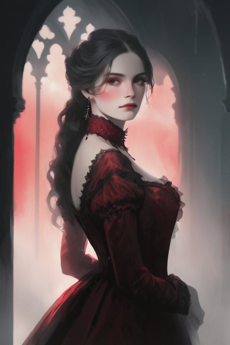 illustration of a pale woman covered in a victorian red dress, {closeup}, hazy, dark castle background, high contrast, cinematic, bright tones,portraitart,portrait art style