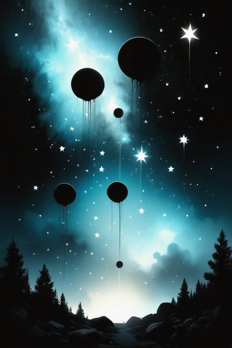 illustration of a falling stars in the night sky. Star details, Minimalist, hazy, black and white, high contrast, cinematic, muted tones


