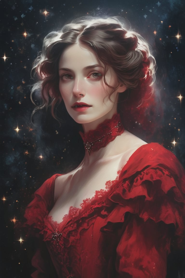 illustration of a pale woman covered in a victorian red dress, starry night. hazy, dark background , closeup shot, high contrast, cinematic, bright tones,portraitart,portrait art style