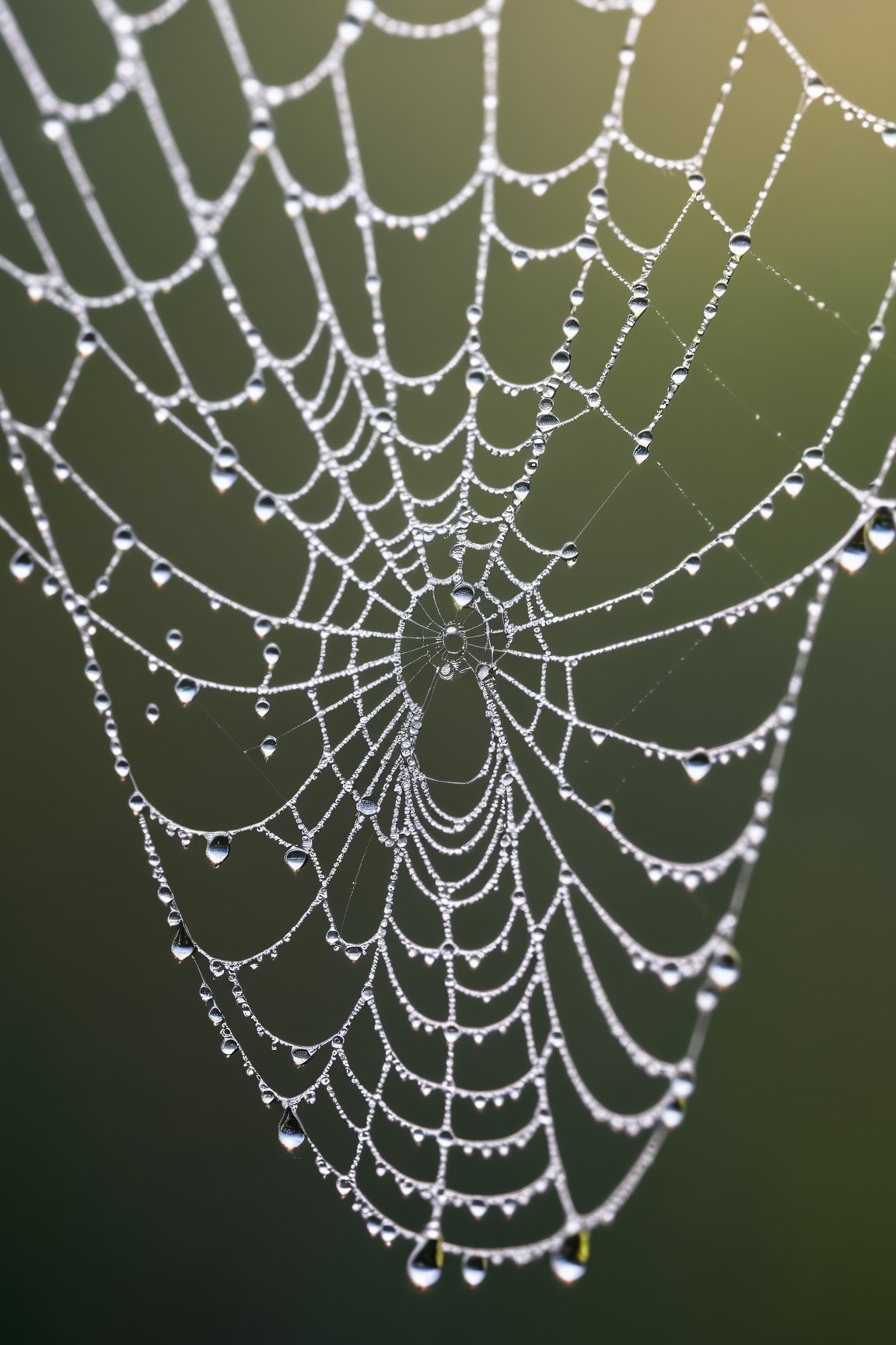 A close-up photograph of water droplets on a spiderweb, capturing the intricate patterns and reflections