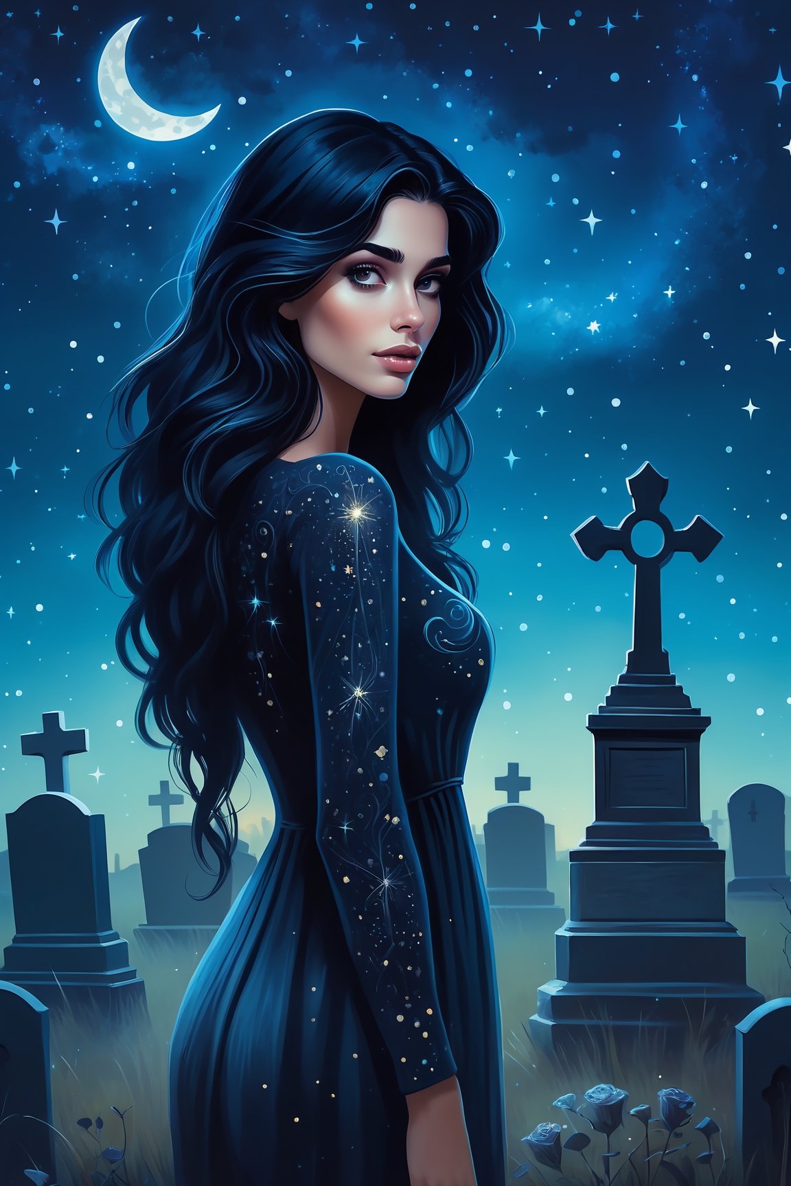 mysterious girl with dark hair standing in a graveyard under a starry night sky