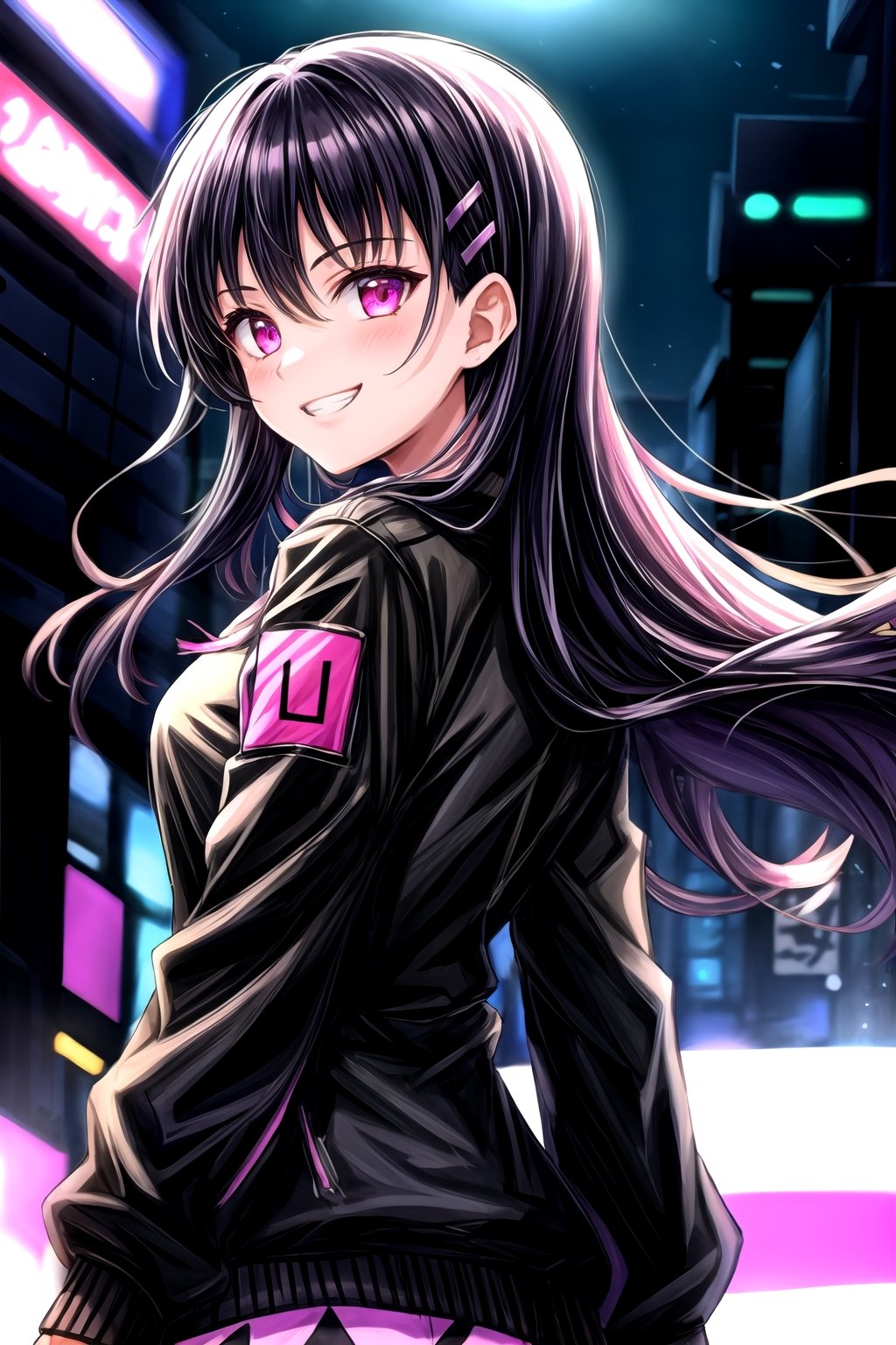 Suguha wearing  black and neon pink, 1girl, solo, , smile, jacket, glowing, grin,from back, glowing eyes, black jacket, evil smile, crazy smile, long sleeves, hair between eyes, bangs,neon lighting background,night street,suguha 