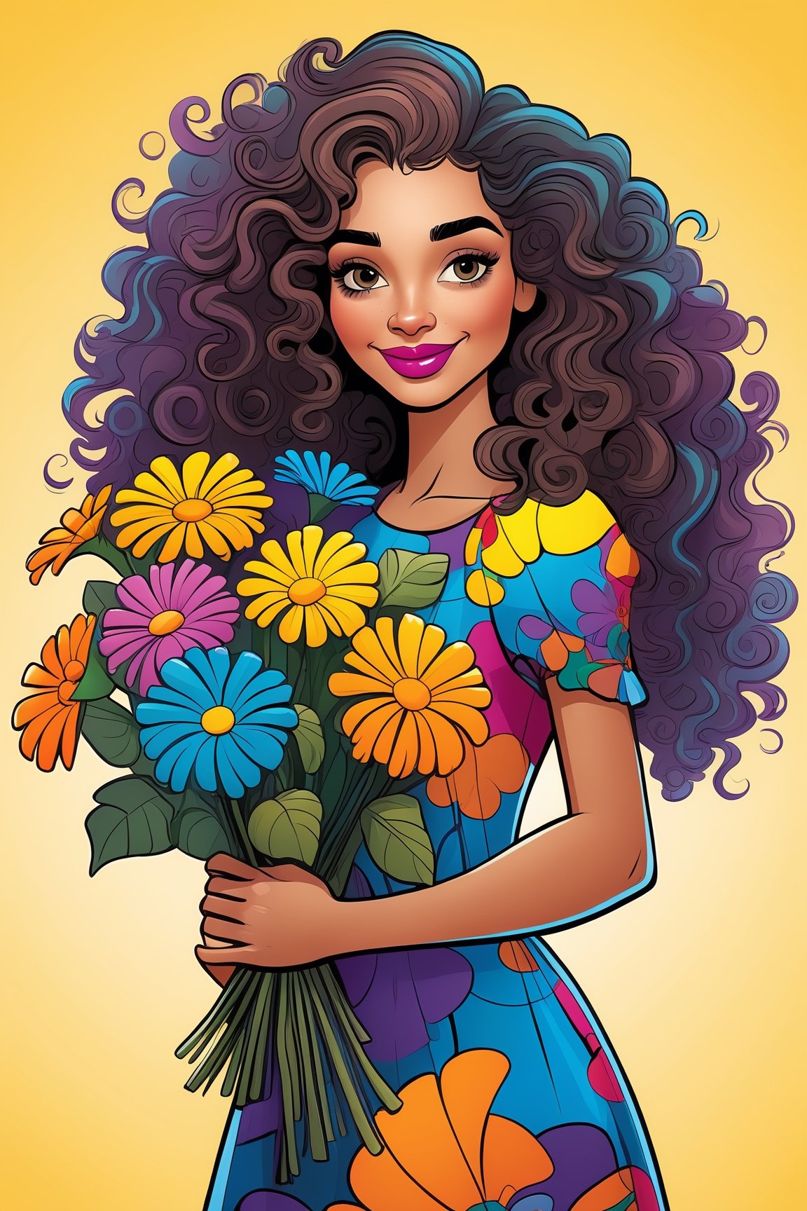 Comic style A young girl with long curly hair wearing a colorful dress and holding a bouquet of flowers