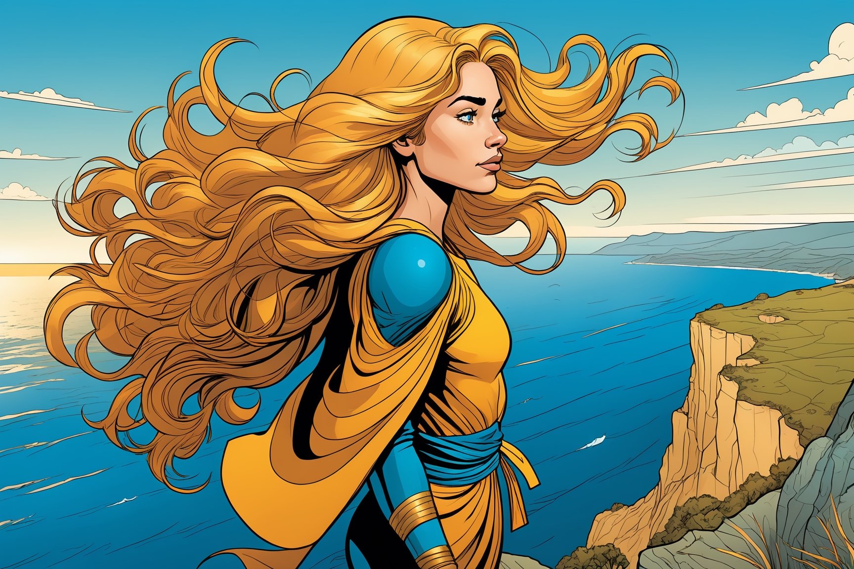 Comic style A  young girl with flowing golden hair standing on a cliff overlooking a vast ocean