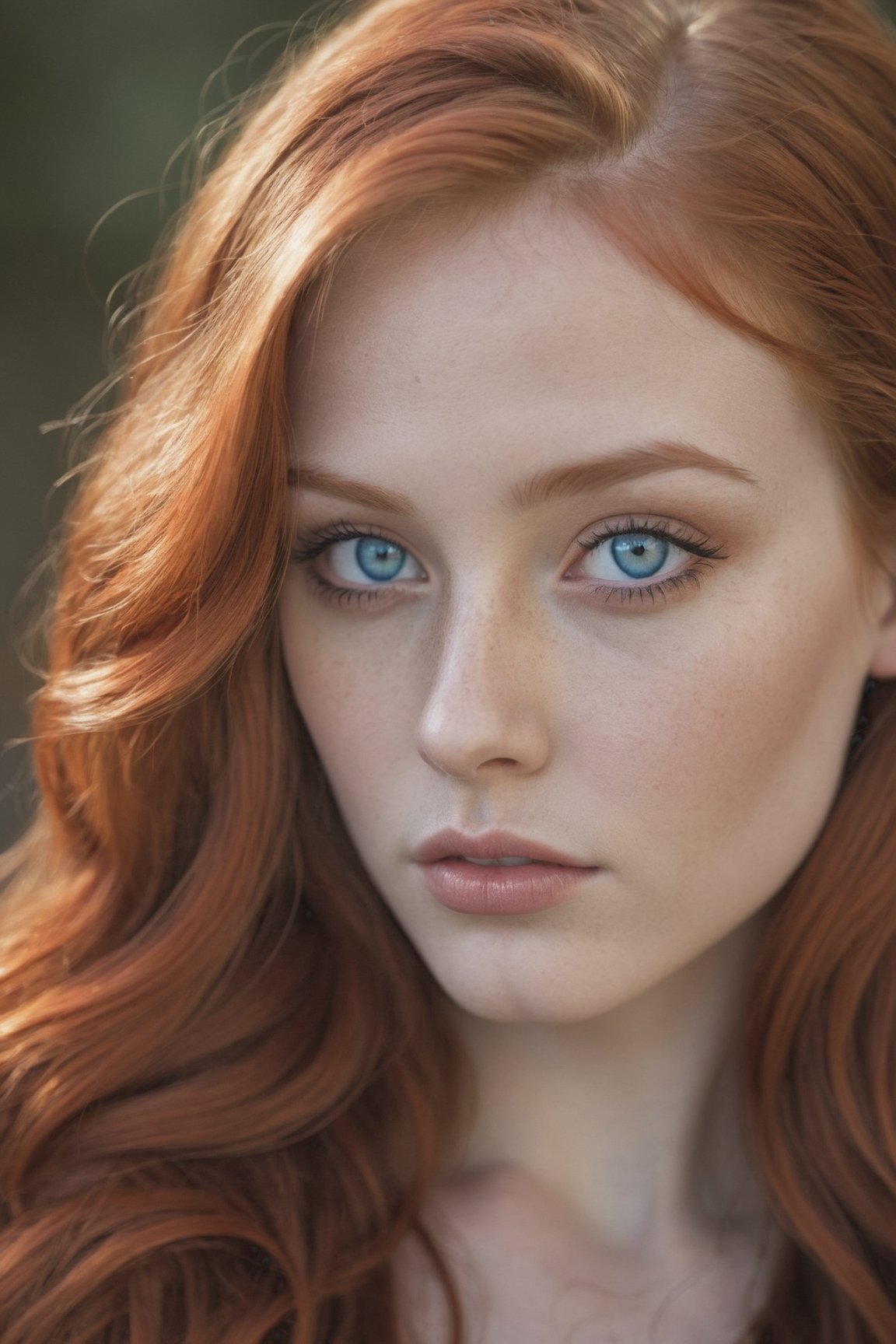 A close-up shot of a young woman with piercing blue eyes and flowing red hair, reflecting a sense of mystery and allure