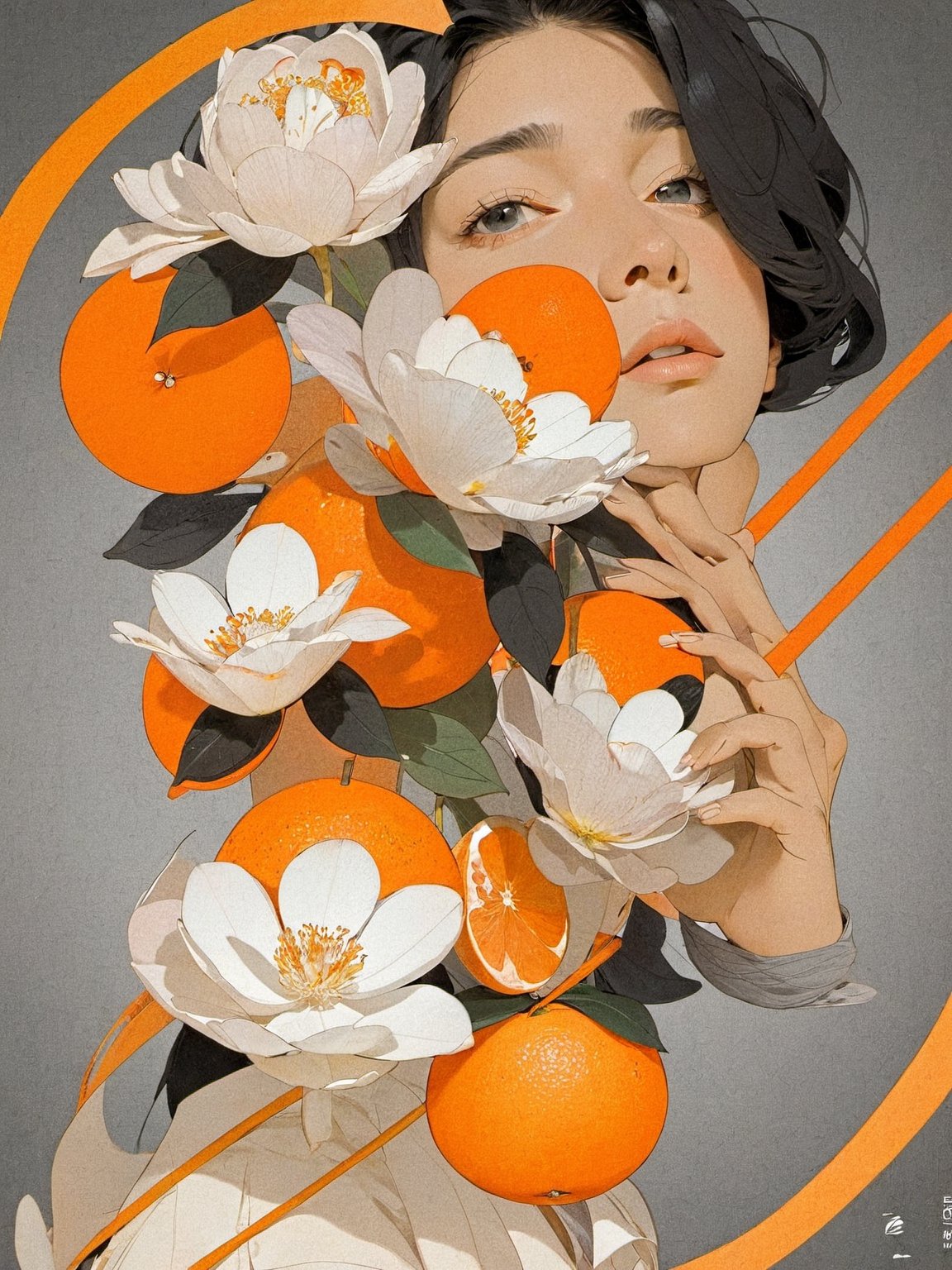 portrait of a woman, orange theme, dfdd, black hair