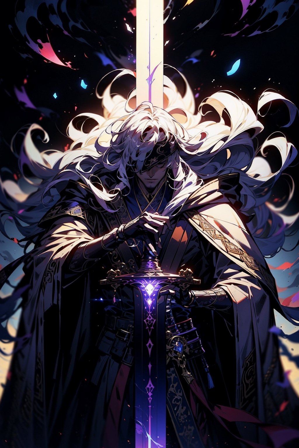 EpicGhost, (Anime style, Guvez style, long hair white robe, holding a sword, flowing white robe, blindfolded, Yang J, Zhiding, handsome art painting, beautiful character painting, Shi Tao)