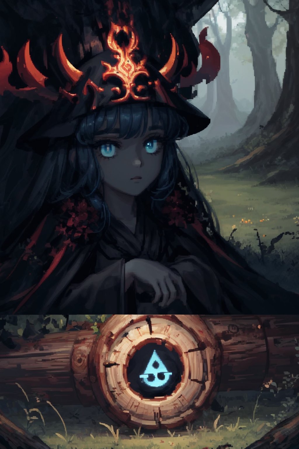 8k, masterpiece, ultra detail, cinematic lighting, pixel, pixel_art, 1girl, beautiful eyes, wearing intricate black robes@etched with ancient runes, ancient forest scene, sitting in grass@against a log, facing camera, gloomy and dark atmosphere, ((close up)),