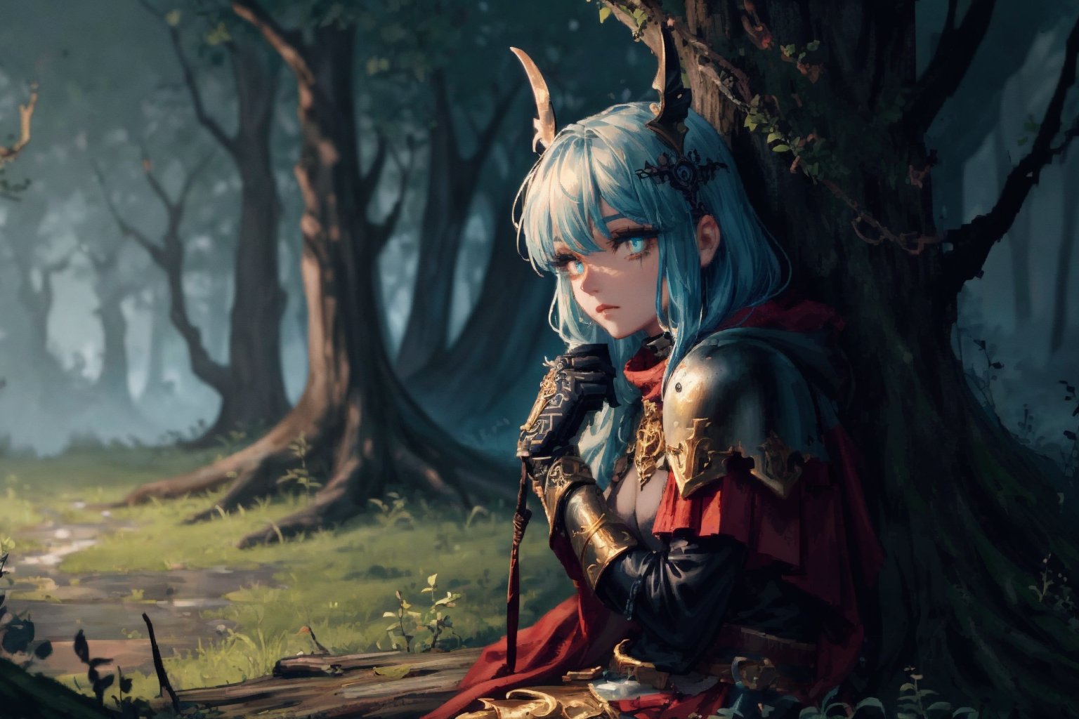 8k, masterpiece, ultra detail, cinematic lighting, pixel, pixel_art, 1girl, beautiful eyes, wearing intricate black armor etched with ancient sigils, ancient forest scene, sitting in grass against a log, facing camera, gloomy and dark atmosphere, (close up),