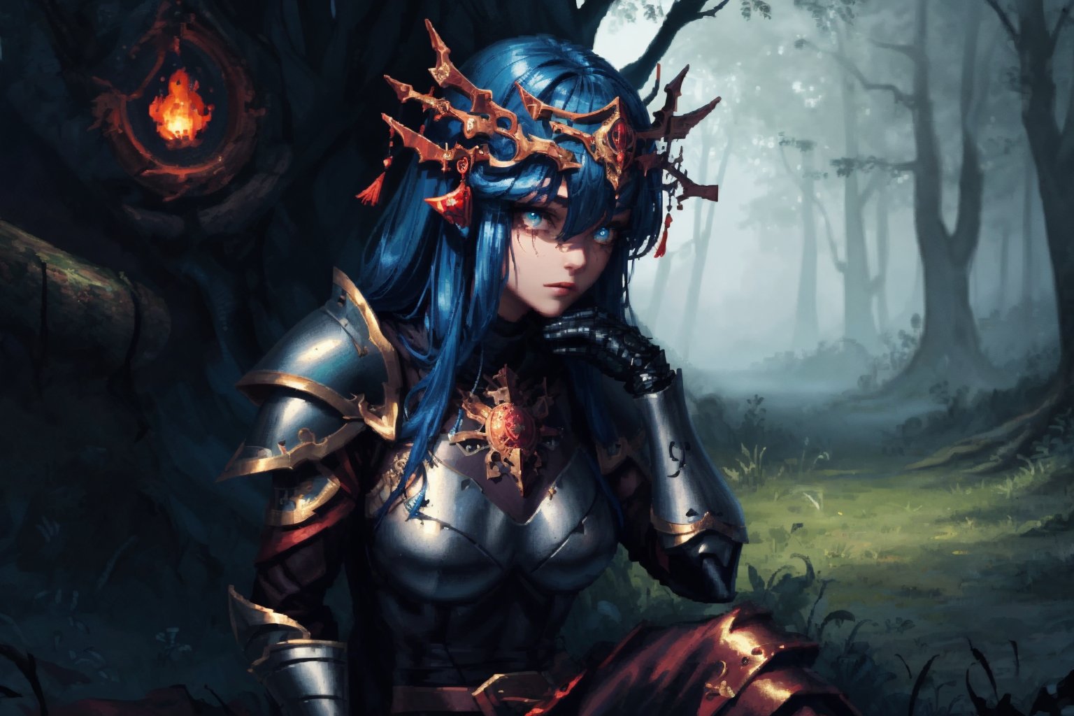 8k, masterpiece, ultra detail, cinematic lighting, pixel, pixel_art, 1girl, beautiful eyes, wearing intricate black armor etched with ancient sigils, ancient forest scene, sitting in grass against a log, facing camera, gloomy and dark atmosphere, (close up),