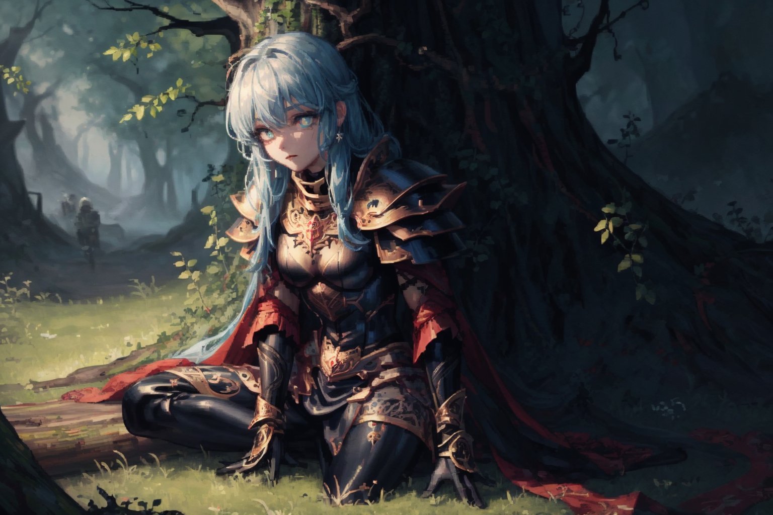 8k, masterpiece, ultra detail, cinematic lighting, pixel, pixel_art, 1girl, beautiful eyes, wearing intricate black armor etched with ancient sigils, ancient forest scene, sitting in grass against a log, facing camera, gloomy and dark atmosphere, (close up),