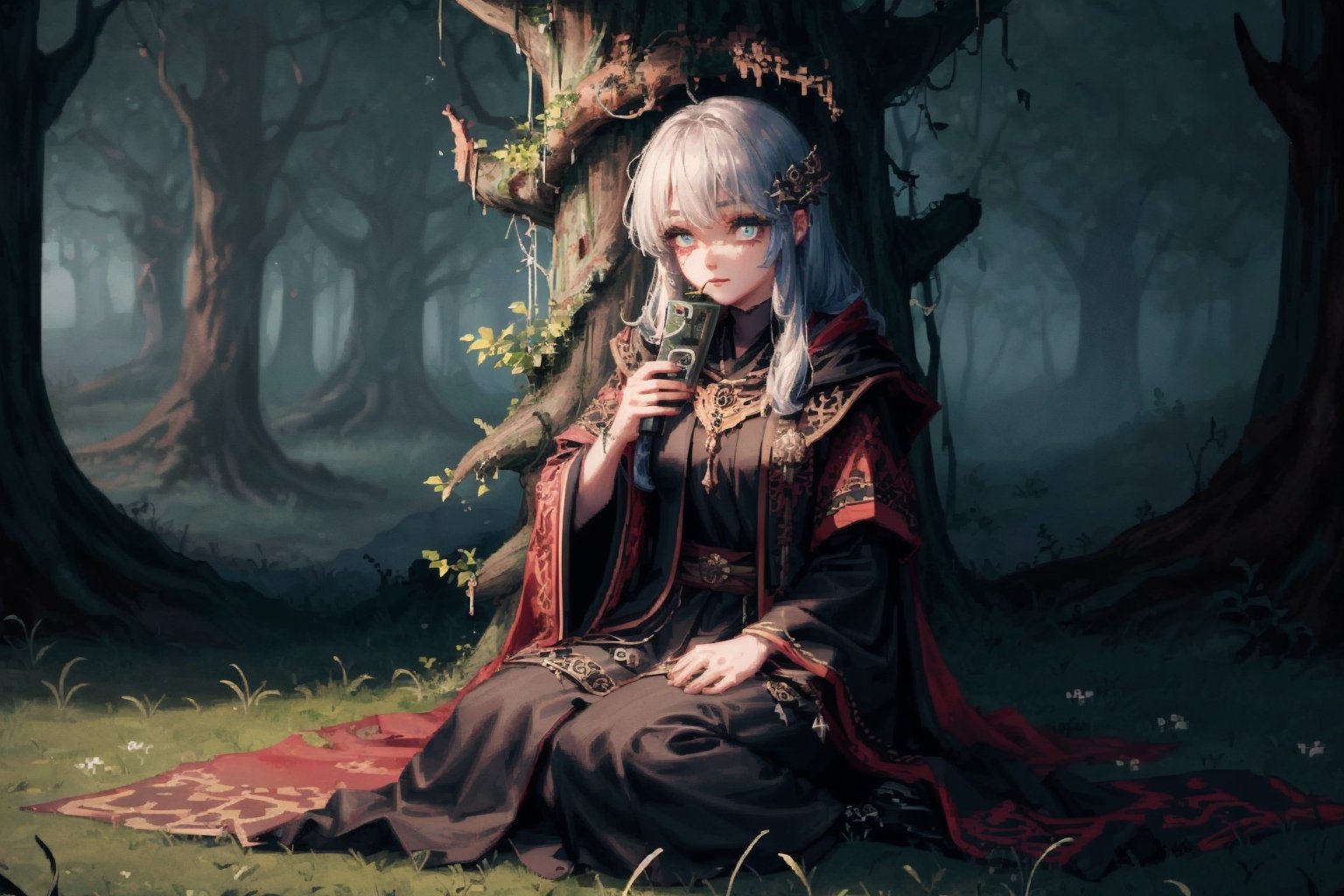 8k, masterpiece, ultra detail, cinematic lighting, pixel, pixel_art, 1girl, beautiful eyes, wearing intricate black robes etched with ancient runes, ancient forest scene, sitting in grass against a log, facing camera, gloomy and dark atmosphere, (close up),