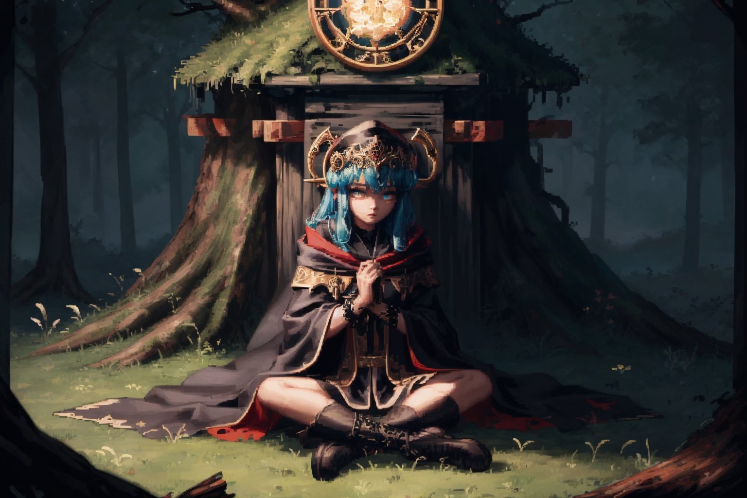 8k, masterpiece, ultra detail, cinematic lighting, pixel, pixel_art, 1girl, beautiful eyes, wearing intricate black robes etched with ancient runes, ancient forest scene, sitting in grass against a log, facing camera, gloomy and dark atmosphere, (close up),