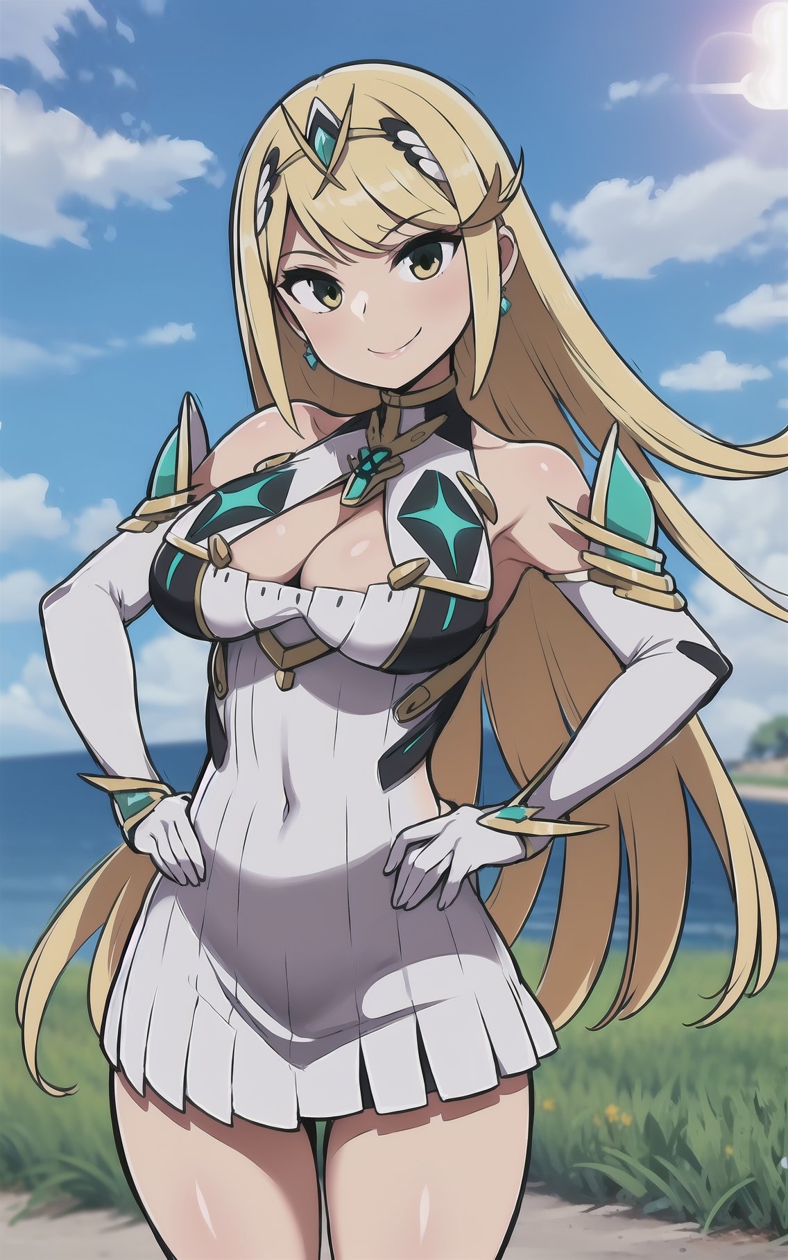 blonde_hair,legs,smile,masterpiece,best quality,ultra detailed,highly detailed, scenery,solo,looking at viewer,mythra \(xenoblade\),sunny day,tiara,cleavage,white dress,earrings,armor,elbow gloves,hands_on_hips,leaning_forward