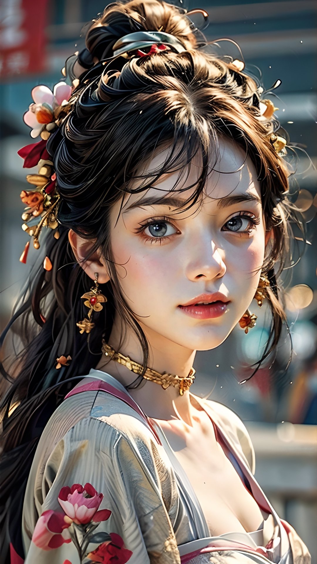 Front view , Autumn style, pink and yellow flowers blooming, depth of field, Pink flowers and lighting bokeh as background, pink and white long Boss dress, 1girl, (chinese naughty beauty:1) snow-white delicate skin, long light brown curly hair, and a silver hairpin on her head. The eyes are a deep brown color big and charming, wearing pink and white long Boss dress, and long scaf, choker around the neck, full of mysterious stories. With pale pink lips, smiling and loughing, charming and cute. FilmGirl, xxmix_girl, detailed eyes, perfect eyes, mouth small,  3d style, light bokeh backgroud,3d style,isni,Movie Still,3d,3d render,dream_girl ,blurry_light_background,,girl