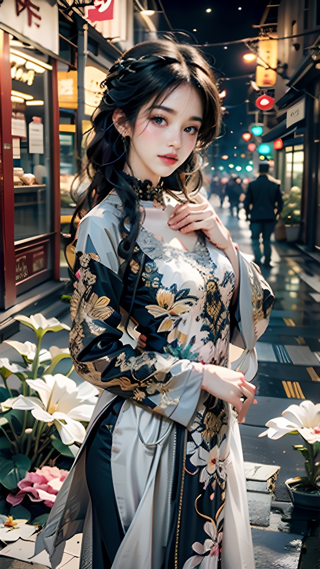 Front view, pink and yellow flowers blooming, depth of field, opening pink and white long Boss dress, (revealing detailed lingerie:1), 1girl, (chinese naughty beauty:1) snow-white delicate skin, long light brown curly hair, and a silver hairpin on her head. The eyes are a deep brown color big and charming, wearing pink and white long Boss dress, and long scaf, choker, full of mysterious stories. With pale pink lips. FilmGirl, xxmix_girl, detailed eyes, perfect eyes, mouth small,  3d style, light bokeh backgroud,3d style,isni,Movie Still,3d,3d render,(see-through:1),futureaodai,hands on own chest 