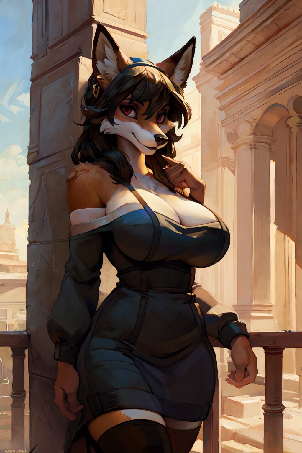 Uploaded on e621, by Pixelsketcher, by Bayard Wu, by Thomas Benjamin Kennington, by Einshelm, Solo, furry, anthro, fox, fox, Yor forger as a anthro fox with her assassin dress, yellow fur, white fur, fox ears, fox face, fox nose, red eyes, ((detailed fur)), ((fluffy body)), ((fluffy)), ((red eyes)), black eye liner, ((detailed eyes)), ((perfect eyes)),(detailed Bonifasko lighting), (detailed fur), (detailed skin), (cinematic lighting), (half shadow), (backlighting), (crepuscular ray), [detailed ambient light], [grey natural light], [ambient light], (higher wildlife feral detail), [sharp focus], ((masterpiece)), regular_breasts, (black long hair), perfect_eyes, perfect_body, outdoors, detailed city background, perfect_hands, tail , facing_viewer, potrait view, upper body portrait, standing, in a perfect black dress, perfect black dress, seductive look,bbyorf, short hair with long locks,white hairband,black pantyhose, long sleeves, sweater dress,red sweater, off shoulder, jewelry,large breasts, gold earrings