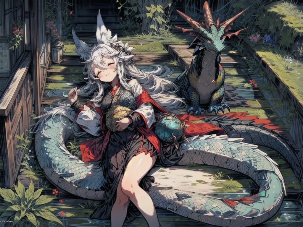 best quality, masterpiece, illustration, 1 girl, solo, full body, blank background, (Animal ear: 1.1), dragon eats, dragon tail,dragon wings,(dragon scales:1.2), dragon girl, dragon, downy, closed eyes,sleeping,light smile,cute,girl