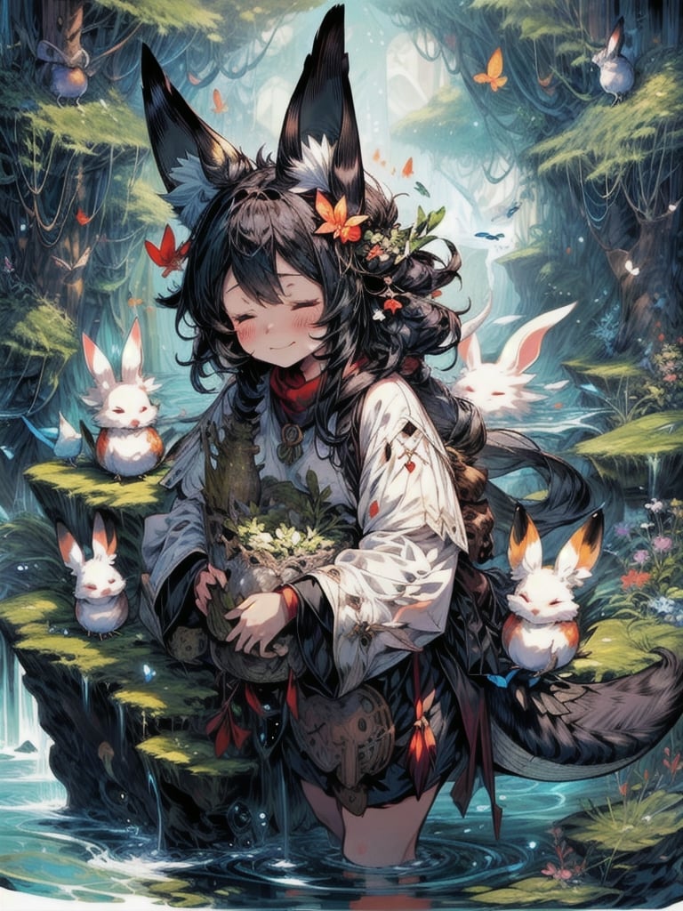 best quality, masterpiece, illustration, 1 girl, solo, full body, blank background, (Fantasy world style: 1.1), (Animal ear: 1.1), tail, (Cute style: 1.1), fish, dragon, bird, cat, rabbit, mouse, butterfly, fox, downy, closed eyes,sleeping,light smile,cute