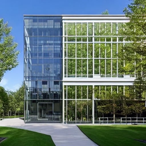 office building with glass facades, spacious courtyard, and green landscaping