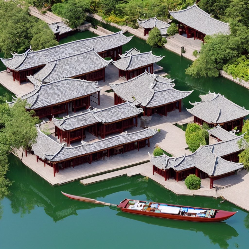 a large-sized traditional chinese villa with a canal with a boat around it, ((facade view)), front view