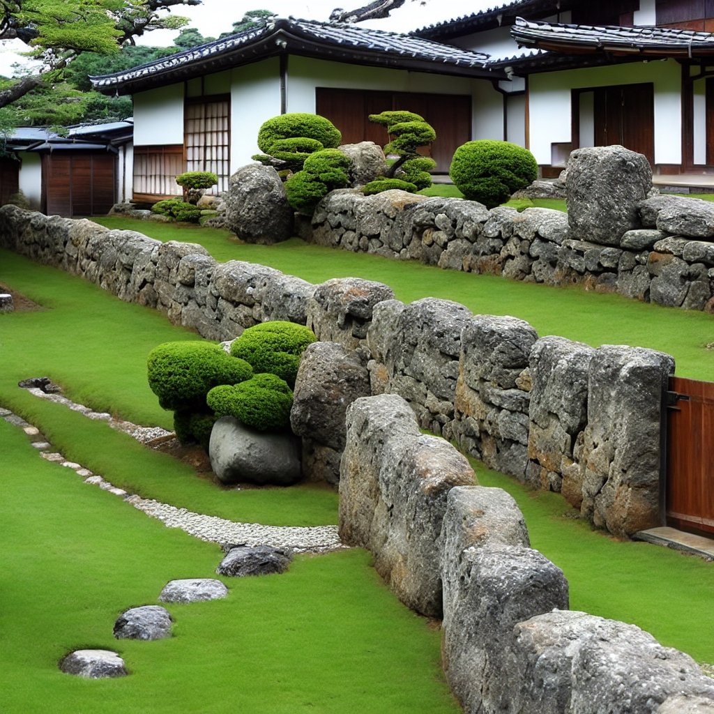 a small japanese villa with a stone fence and a stone wall