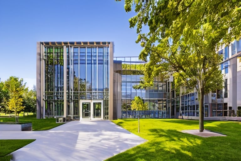 office building with glass facades, spacious courtyard, and green landscaping