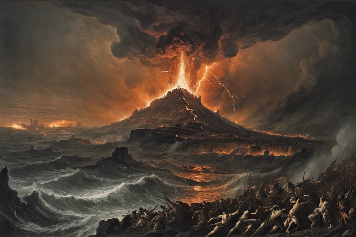 by Dante's Divine Comedy, in 1348,

Hell (Inferno) wars,

. blood, dark arts, lightning, thunder, black clouds, black smoke, charred corpses, waves, heavy rain, storm,
neoclassical, side view,