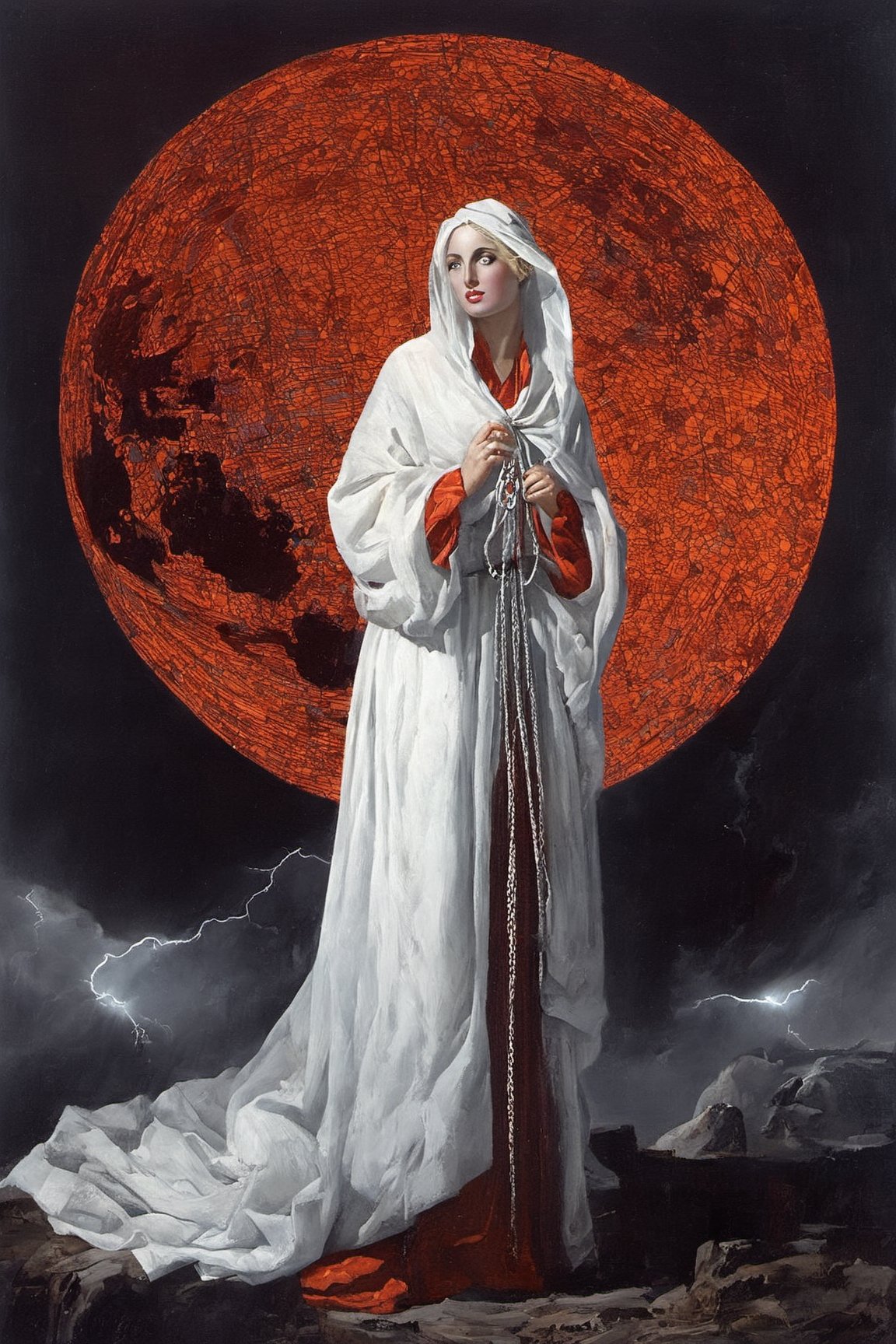 by Dante Alighieri  in 13c.

Hell (Inferno), Purgatorio, Paradise (Paradiso), 
full body,
Neoclassicism, Apocalypse, (Red Moon: 0.6), lightning, thunder, black clouds, heavy rain, storm, wind, philosopher monk,
Neoclassicism, beauty girl, blonde hair,White fishnets woman wearing, Flying Net woman wearing, Stylish,greg rutkowski