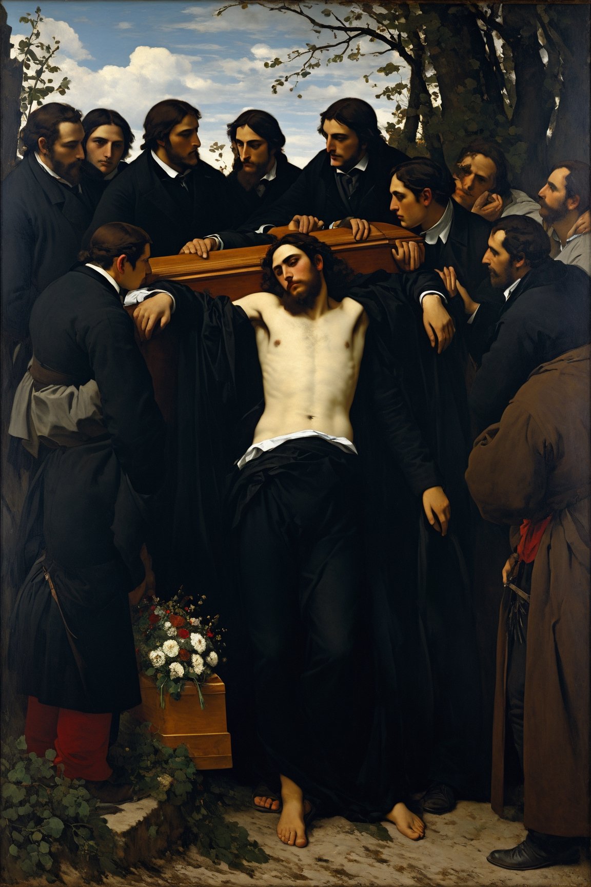 by Jean-desire Gustave Courbet, Funeral of Ornans,
full body,  neoclassical,oil paint 