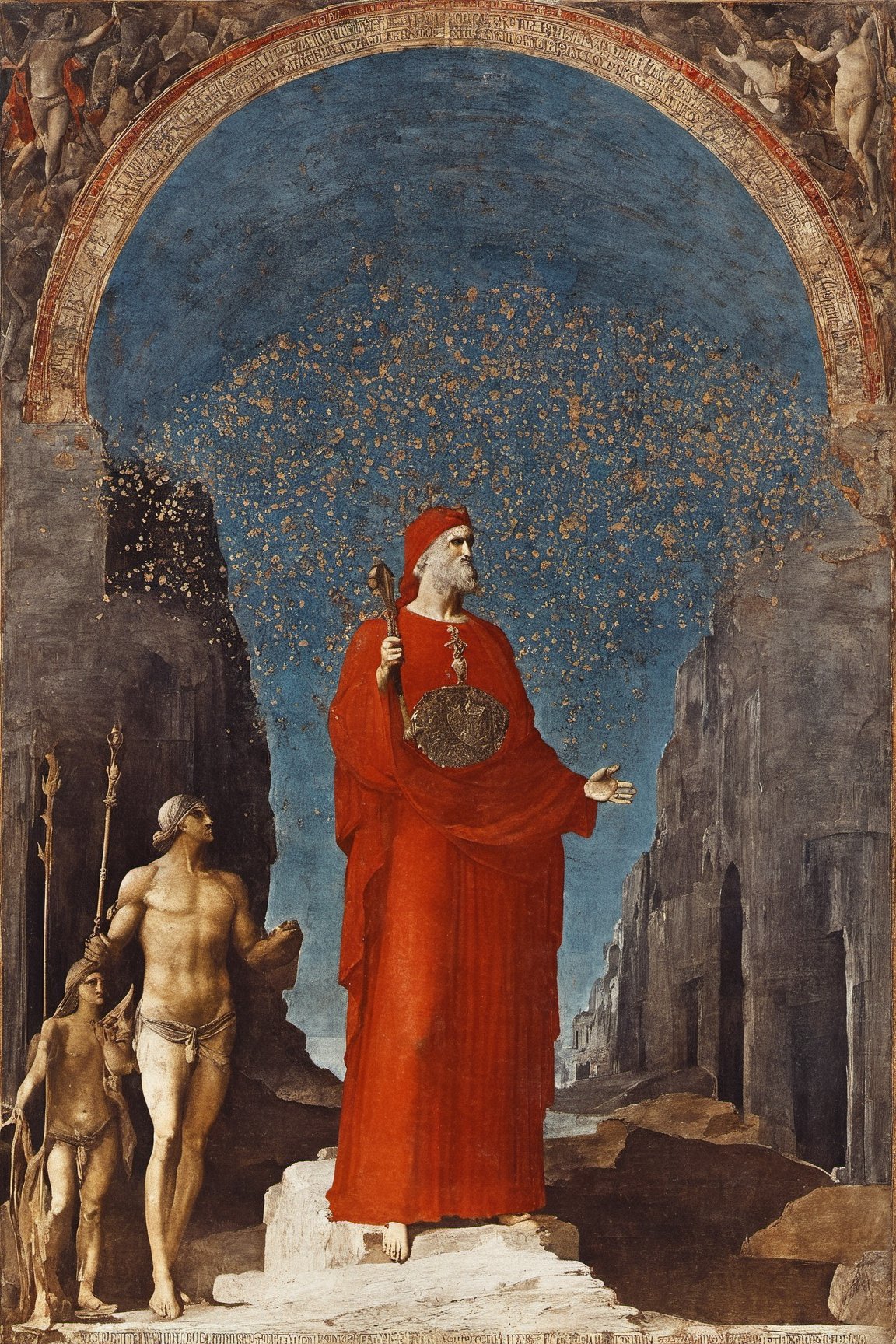 by Dante Alighieri  in 13c.

Hell (Inferno), Purgatorio, Paradise (Paradiso), 
full body,
Neoclassicism, 