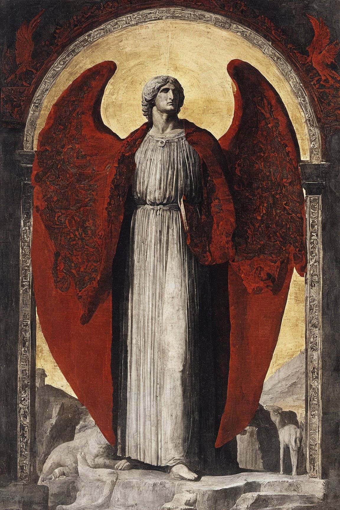 by Dante Alighieri  in 13c.

Hell (Inferno), Purgatorio, Paradise (Paradiso), 
full body,
Neoclassicism, 