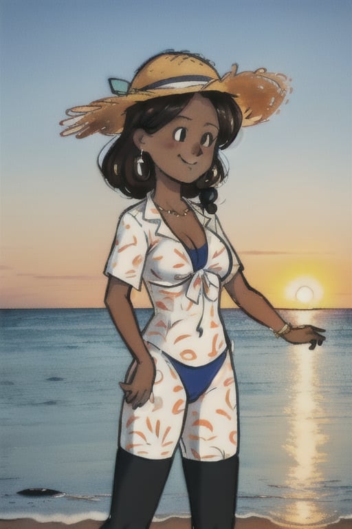 chibi, closeup picture, style parody, ((masterpiece,best quality)), absurdres, hmdmg1, woman, cute, solo, looking at viewer, cowboy shot, cinematic composition, contrapposto, eldmeisterog style ,sks style,rough_art, smiling, medium breasts, water, beach,sunset_scenery_background, one_piece_swimsuit, straw hat, very dark skin,  woman, sex