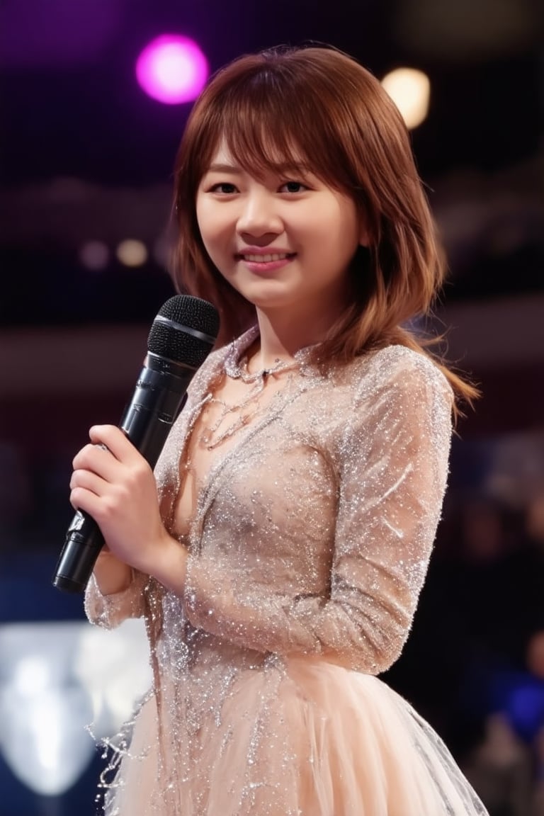 A glamorous K-pop star stands center stage, exuding elegance and charm. The scene is set in a grand concert hall, with spotlights creating a dramatic effect, highlighting her flawless makeup and luxurious attire. She poses with a confident smile, holding a microphone, her posture reflecting poise and sophistication. The background is filled with vibrant, colorful lights, enhancing the atmosphere of a high-energy performance. The composition captures her star power and the electrifying ambiance of a K-pop concert.