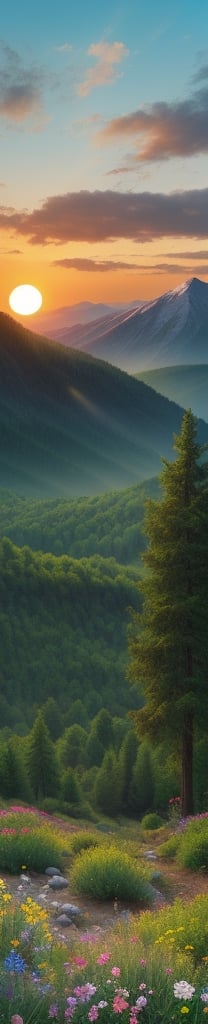 vibrant mountain filled with trees  and flowers with sun rising between mountains