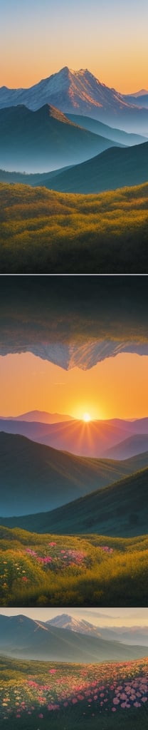 vibrant mountain filled with trees  and flowers with sun rising between mountains