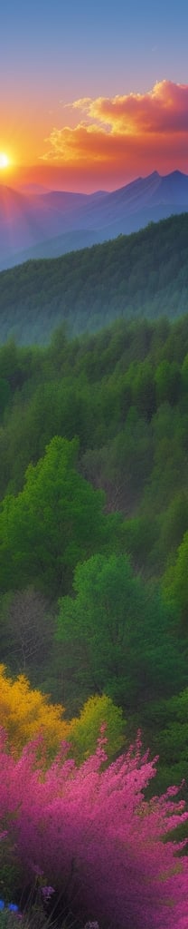 vibrant mountain filled with trees  and flowers with sun rising between mountains