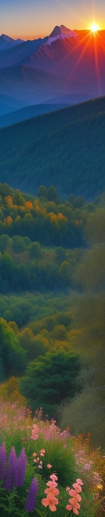 vibrant mountain filled with trees  and flowers with sun rising between mountains