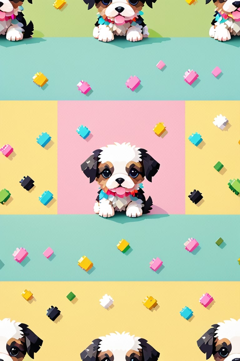 (((a cute pattern)))
for pattern design,
(((HD Pixel Style)))
A cute puppy pattern,
White, black, pink, blue, yellow, green, all kinds of bright colors,
Clean background, V ray,pixel style