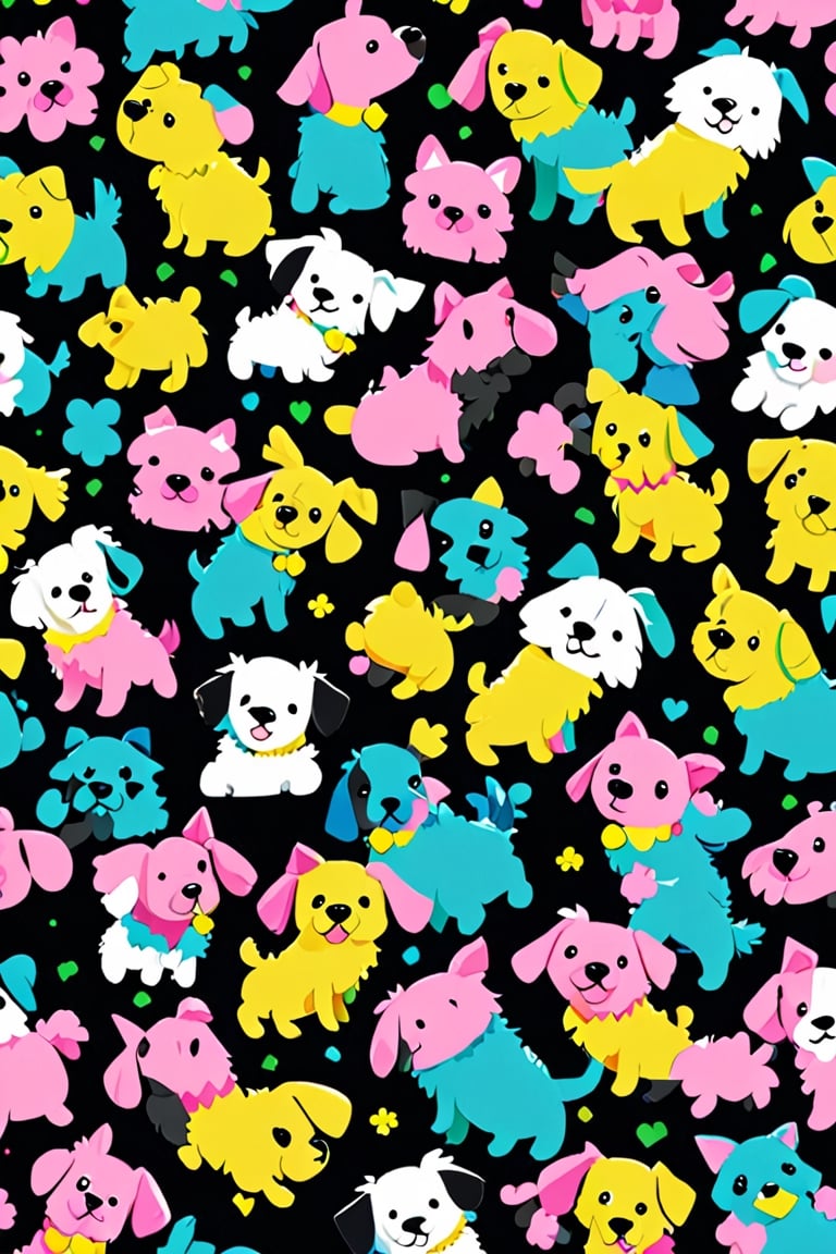 Cute Vector | Vector dog character for shirt design, pink, blue, yellow, green colored, clean and black background, 
Cute patterns | for pattern design,
(((Pixel Style)))
Cute puppy pattern,
White, black, pink, blue, yellow, green, all kinds of bright colors,
Clean background, V ray