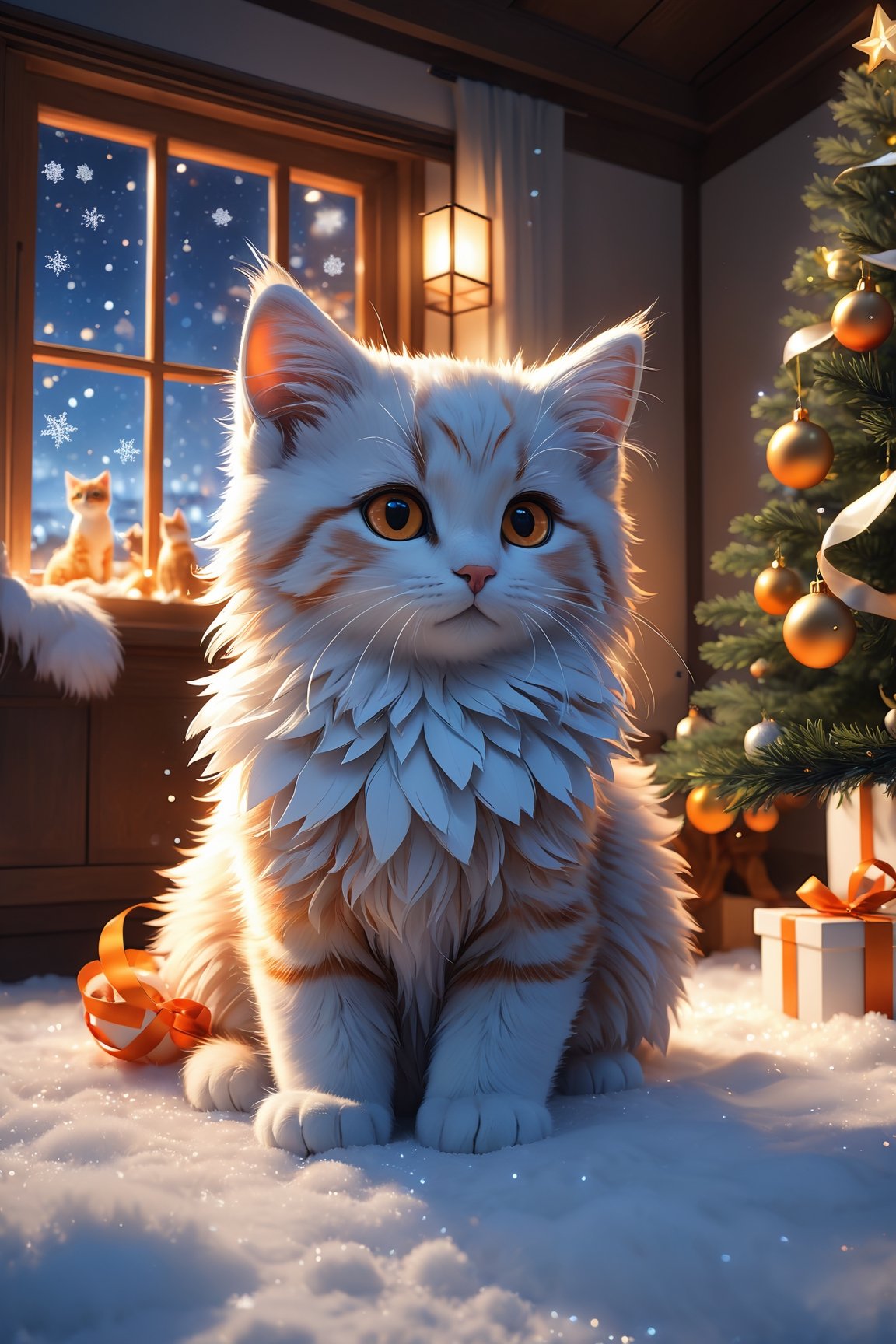 (artwork), (masterpiece), (detailed eyes), (shading), (extremely detailed CG 8k unity wallpaper), (wit studio indirect lighting), (amazing drawn illustration), (best illustrative performance),Winter style, many cute kittens (orange, white, black, blond, white and orange), ((full body)), sleeping comfortably in a large living room, feather stick, cat streamer frame, stuffed animal, window, cozy good vibes, nighttime, wonder, christmas, pixiv, snowflakes, happiness and fun, depth of field, illuminated backgrounds, reflections, holograms,photo r3al