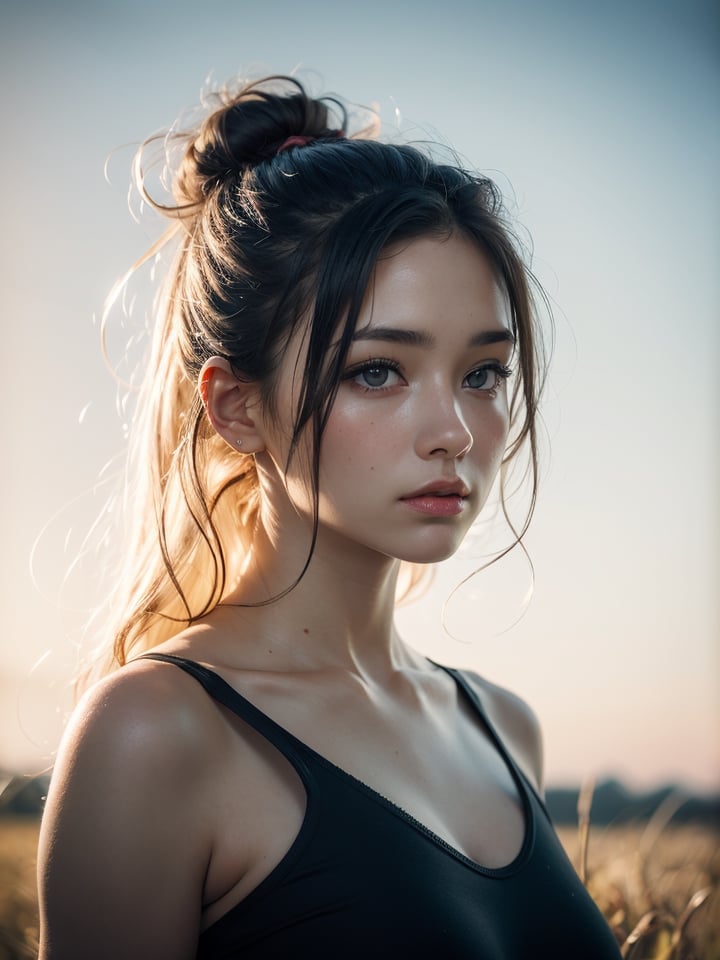 (closeup shot :1.0) of a very beatutiful supermodel wearing a pastel bodycon on a open field, (oval face),japanese-european girl, 18 years old, preteen youthful face, blond hair, buns, average breasts, embers of memories, colorful, (photo-realisitc),exposure blend, bokeh, (hdr:1.4), high contrast, (cinematic, red:1.2), (muted colors, dim colors, soothing tones:1.3), low saturation,fate/stay background,yofukashi background,1,toitoistyle