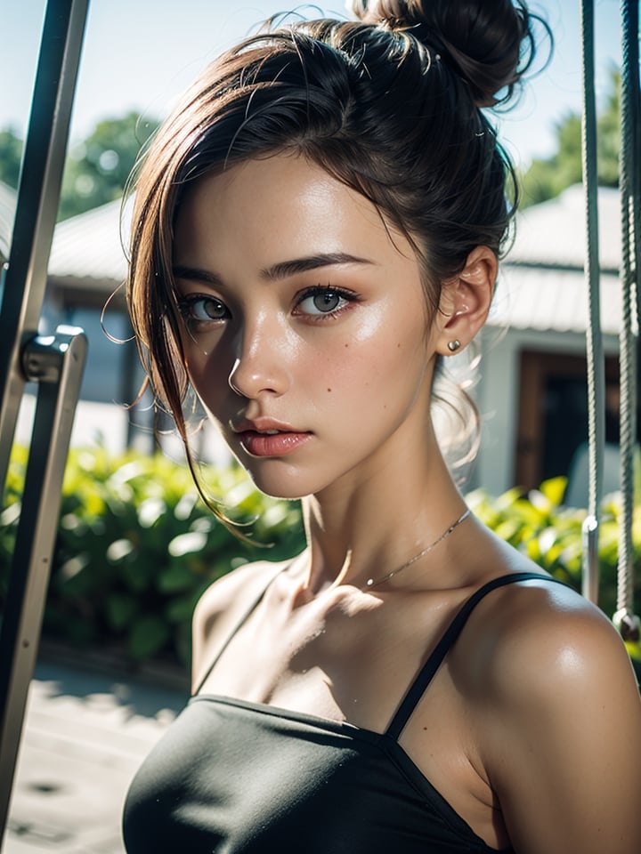 (closeup shot :1.4) of a very beatutiful supermodel wearing a pastel bodycon on a patio swing,  (oval face), japanese-european girl,  18 years old,  preteen youthful face,  blond hair,  black eyes,  buns,  small breasts,  embers of memories,  colorful,  (photo-realisitc), exposure blend,  bokeh,  (hdr:1.4),  high contrast,  (cinematic,  red:1.2),  (muted colors,  dim colors,  soothing tones:1.3),  low saturation, fate/stay background, yofukashi background, 1, toitoistyle