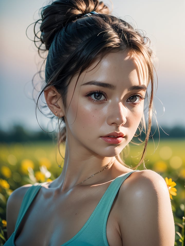 (closeup shot :1.4) of a very beatutiful supermodel wearing a pastel bodycon on a open field, (oval face),japanese-european girl, 18 years old, preteen youthful face, blond hair, buns, middle breasts, embers of memories, colorful, (photo-realisitc),exposure blend, bokeh, (hdr:1.4), high contrast, (cinematic, red:1.2), (muted colors, dim colors, soothing tones:1.3), low saturation,fate/stay background,yofukashi background,1,toitoistyle