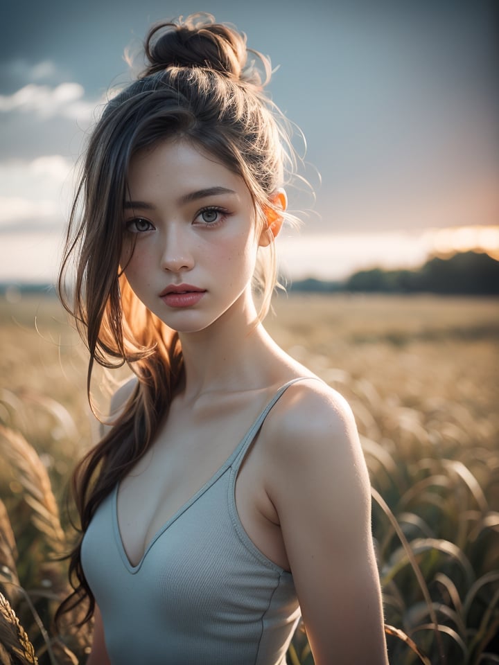 (closeup shot :1.0) of a very beatutiful supermodel wearing a pastel bodycon on a open field, (oval face),japanese-european girl, 18 years old, preteen youthful face, blond hair, buns, small breasts, embers of memories, colorful, (photo-realisitc),exposure blend, bokeh, (hdr:1.4), high contrast, (cinematic, red:1.2), (muted colors, dim colors, soothing tones:1.3), low saturation,fate/stay background,yofukashi background,1,toitoistyle