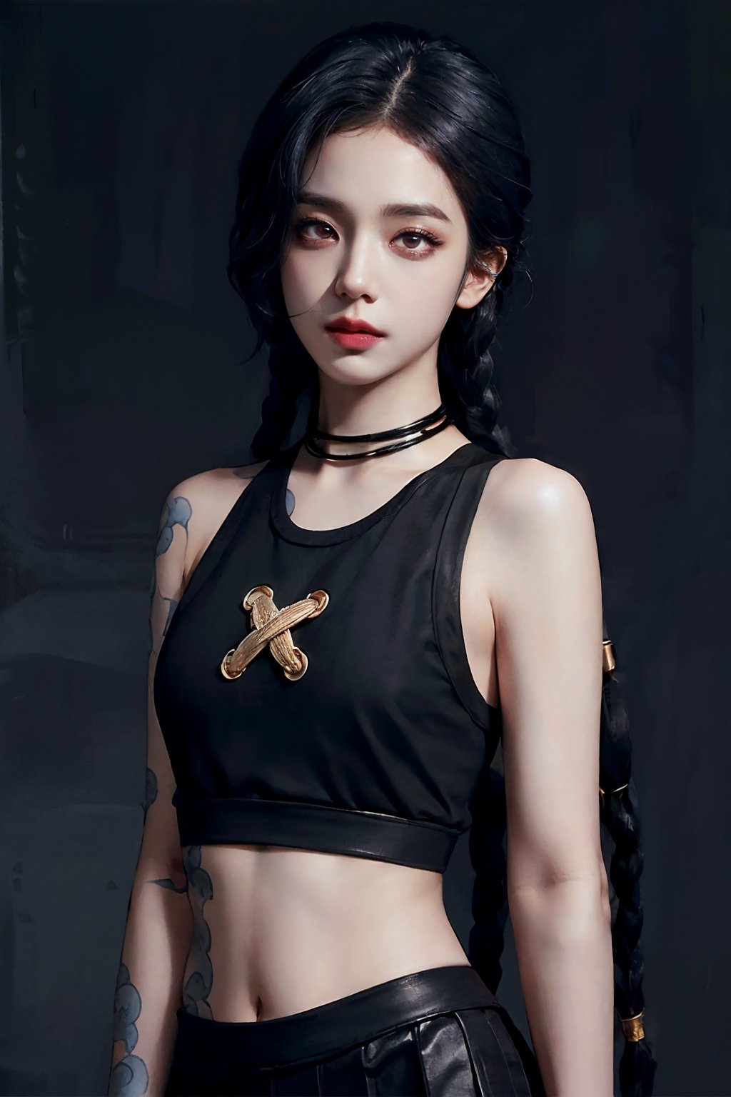 (best quality, masterpiece:1.2),ultra detailed,(photo realistic:1.4),solo,model, black tank_top, dark background, tiny_breasts, long hair, skin, messy_hair, dark_eyes, black_hair, full_body , wavy_hair,long skirt,JinxLol