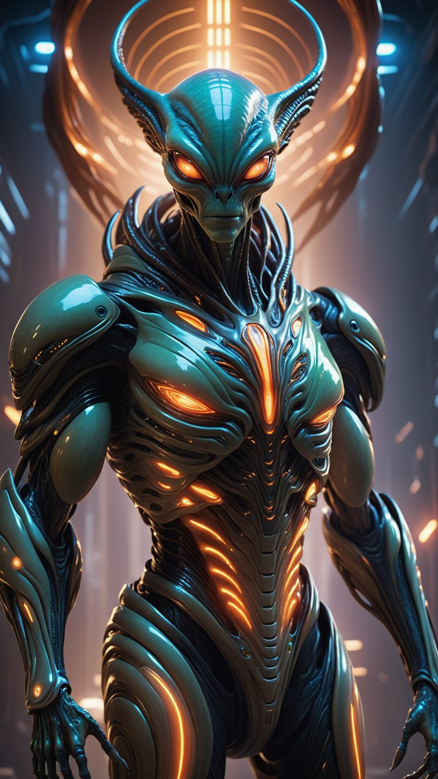 Create a spine-chilling image of an alien creature adorned in Hi-Tech biometric glowing armor,  radiating a deadly and int...
