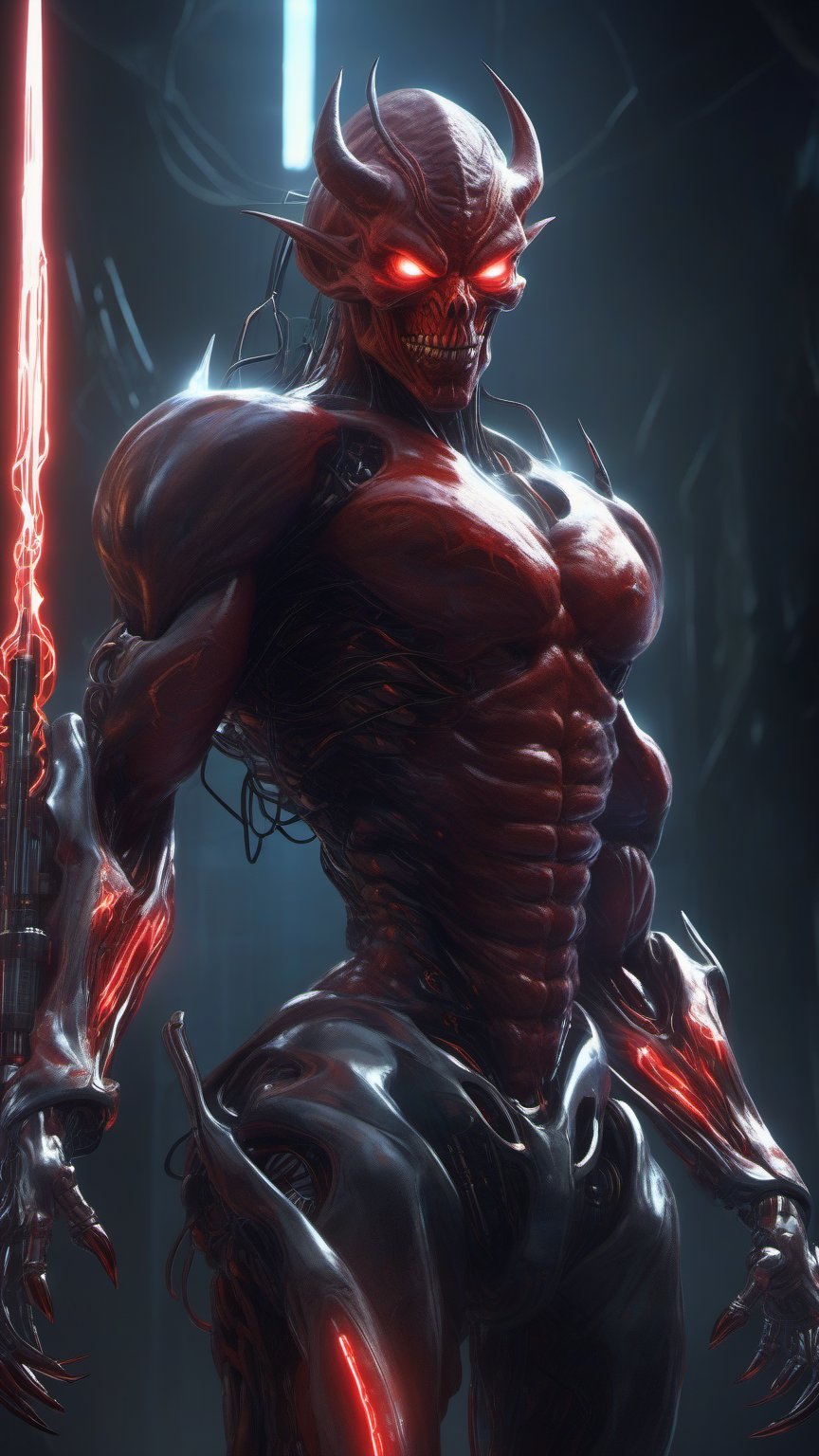 Craft a Halloween-style image featuring a demonic monster with a sinister aura and cybernetic cyborg elements. Envision gl...