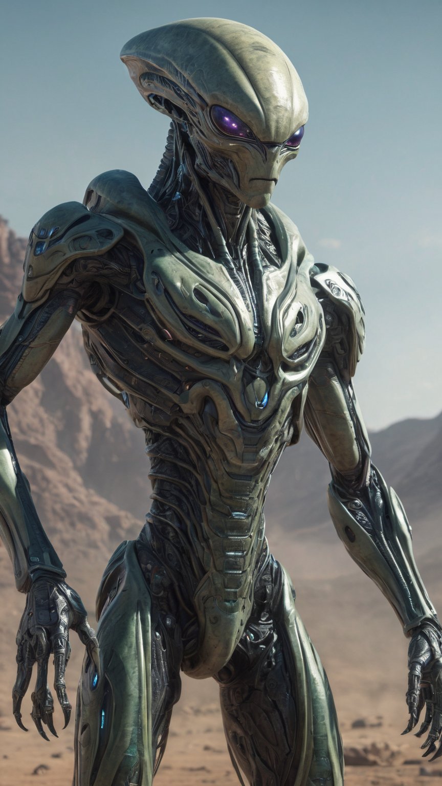 Generate hyper realistic image of an alien sentinel capable of shaping and manipulating energy, using its powers to protect the denizens of a futuristic world from imminent threats.